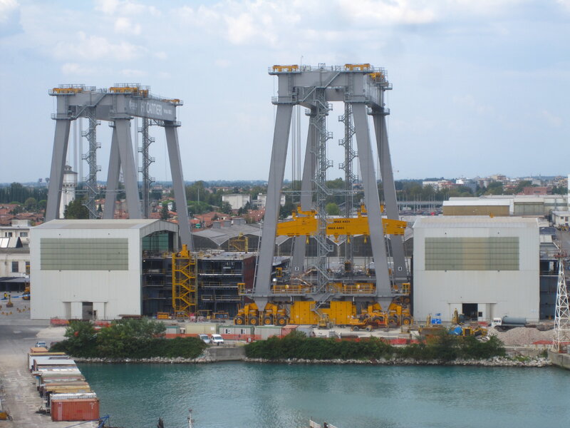 Shipyard with large cranes
