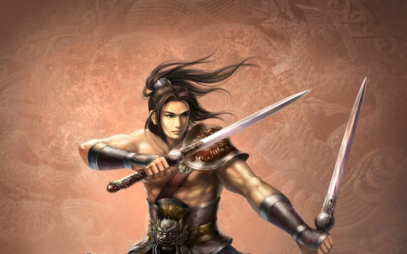 Shirtless Warrior with Swords — Brown, Dramatic
