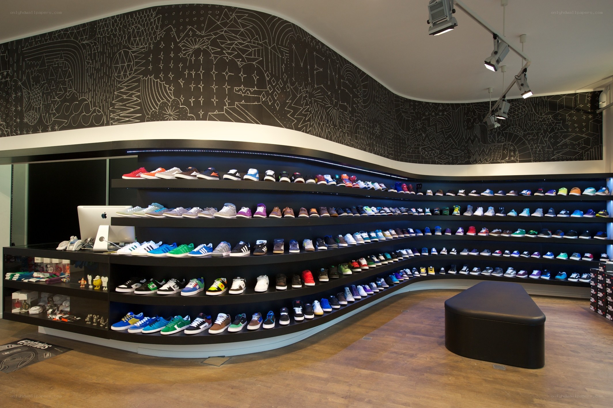 shoe store display with sneakers