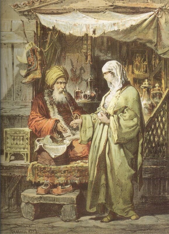 Shoemaker and woman in market