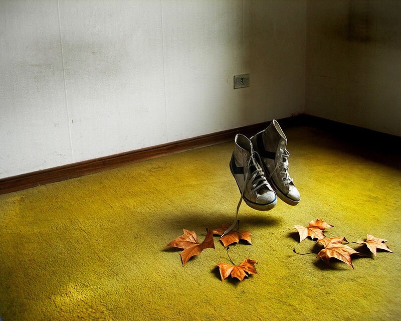 shoes and autumn leaves on carpet
