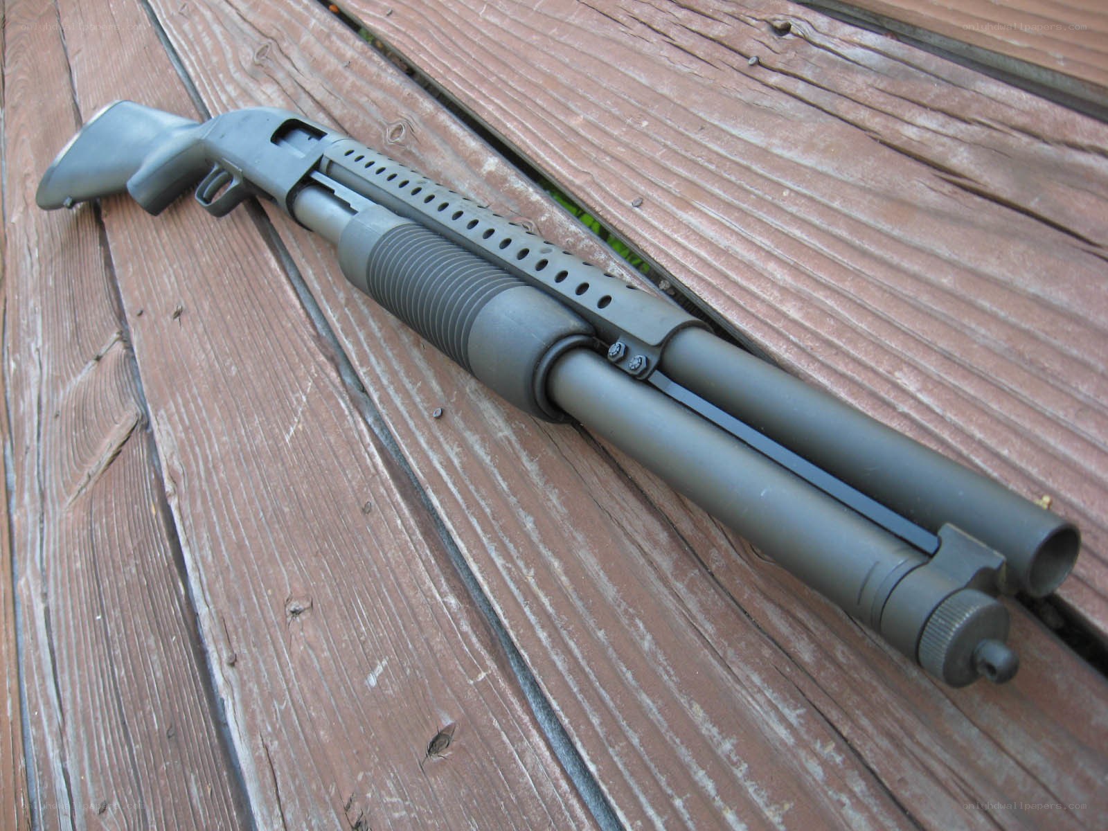 shotgun on wooden deck