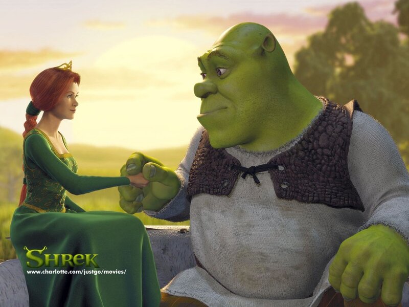 Shrek and Fiona holding hands