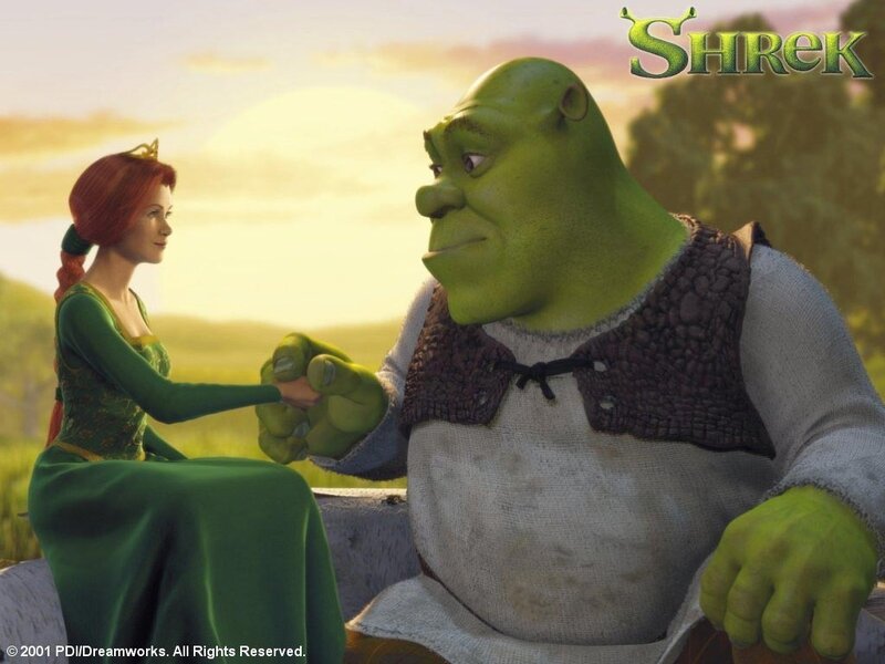 Shrek and Fiona holding hands