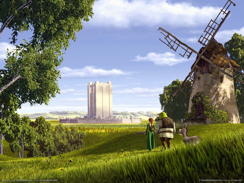 Shrek and Fiona in a green field
