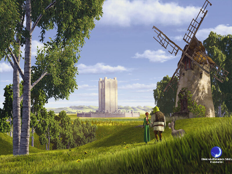 Shrek and Fiona in a green landscape
