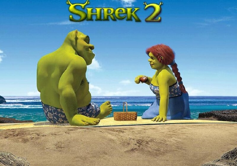 Shrek and Fiona on a beach