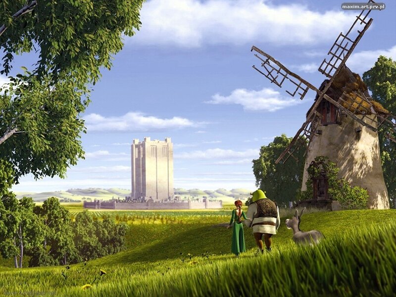 Shrek and Fiona walk to castle
