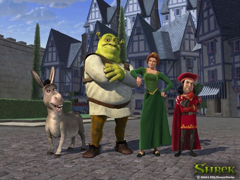Shrek and friends in a village