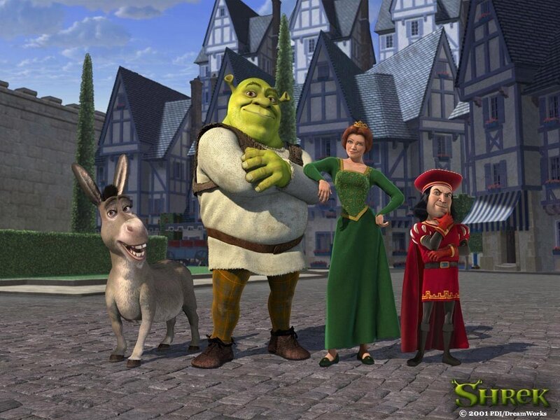 Shrek and friends in the village