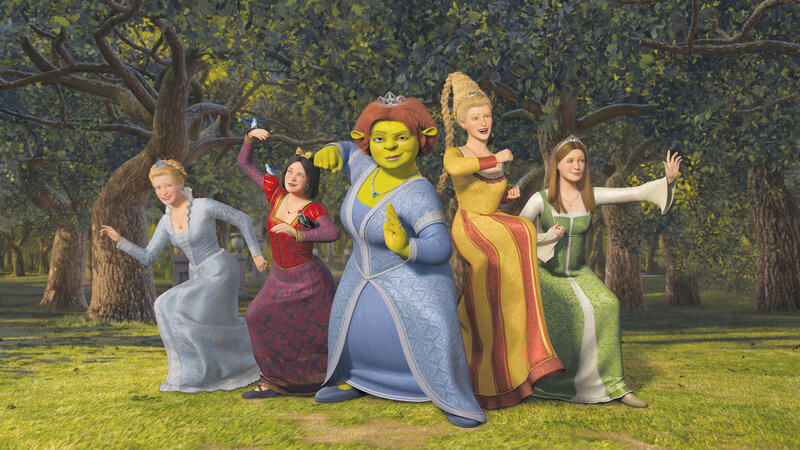 Shrek and princesses in forest