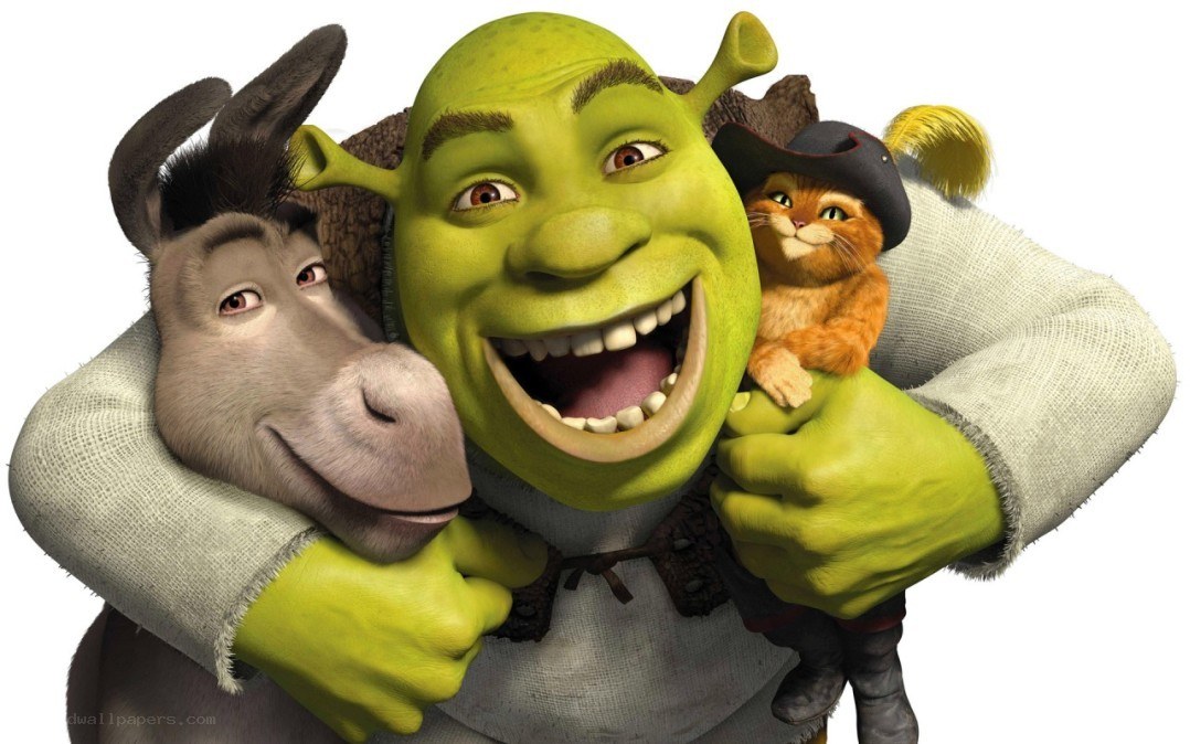 Shrek hugging Donkey and Puss