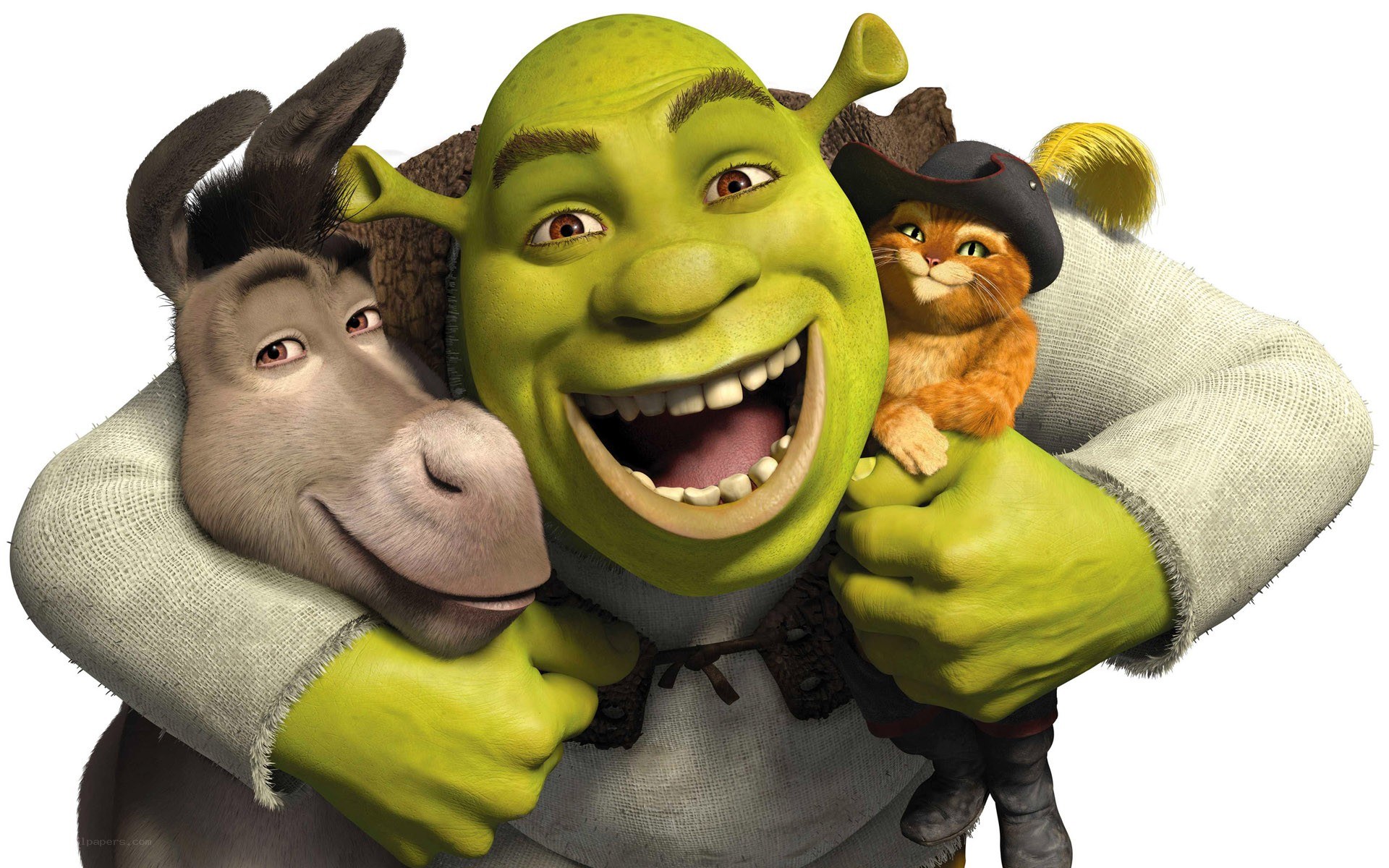 Shrek hugging his friends