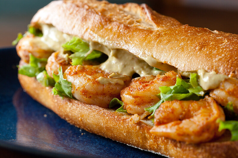 shrimp sandwich on baguette