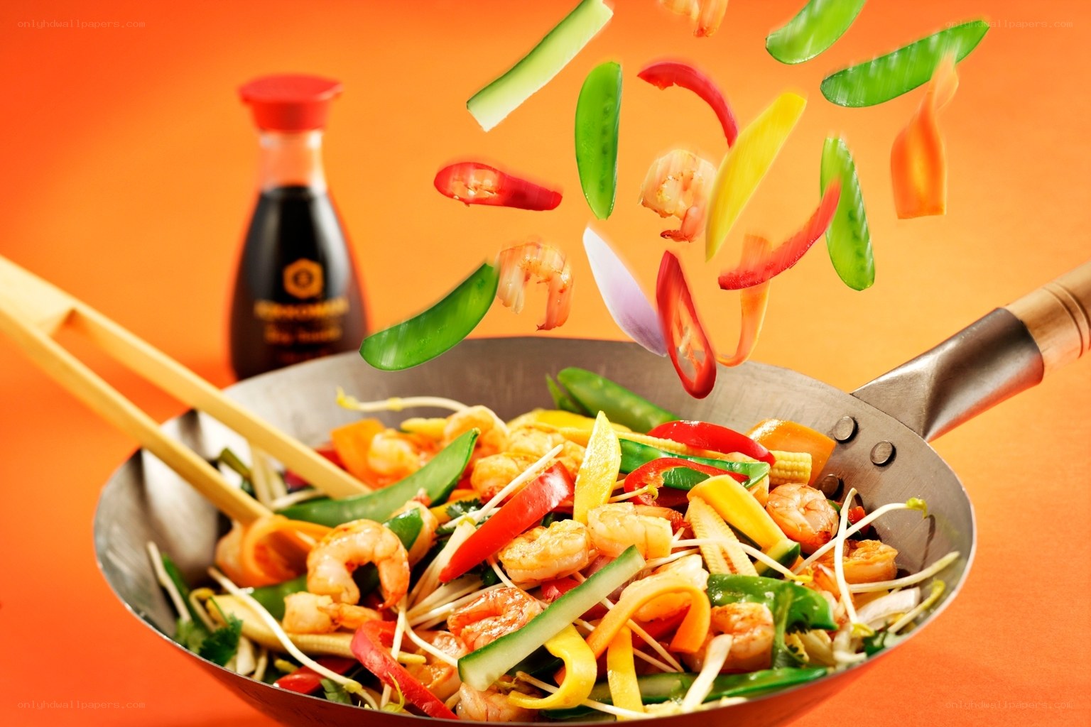 Shrimp stir fry in wok