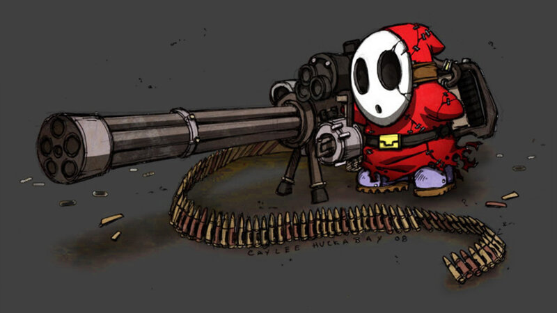 Shy Guy with Machine Gun — Gray, Dark, Digital Art, Machine Gun, Ammunition Belt, Red Outfit