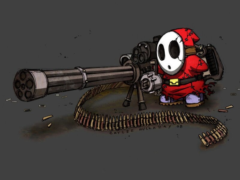 Shy Guy with Machine Gun — Gray, Dark, Digital Art, Machine Gun, Ammunition Belt, Red Suit, Red