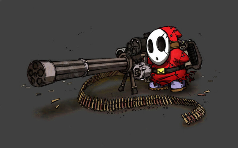 Shy Guy with Machine Gun — Gray, Dark, Digital Art, Machine Gun, Ammunition Belt, Red Suit