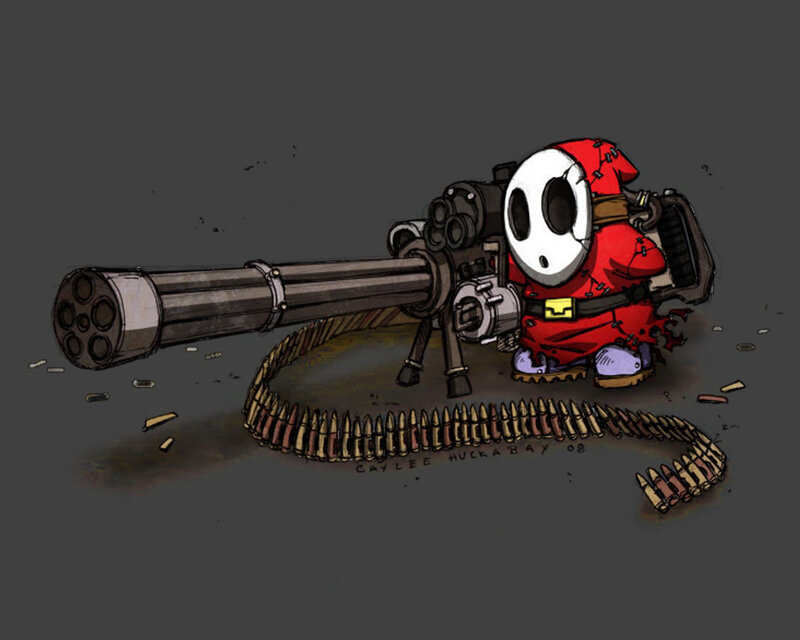 Shy Guy with Machine Gun — Red, Dark, Digital Art, Machine Gun, Ammunition Belt, Character, Gray