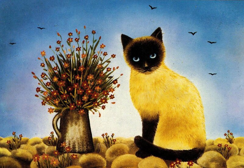 Siamese Cat with Flowers — Blue