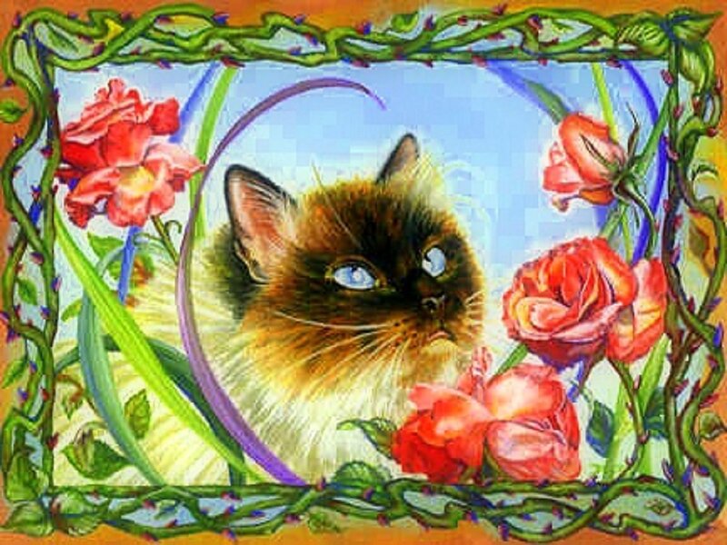 Siamese Cat with Roses
