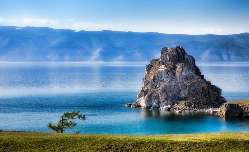 Siberian lake with rock formation