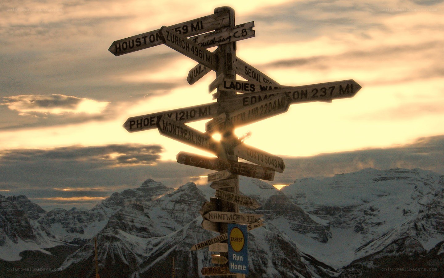signpost in snowy mountains