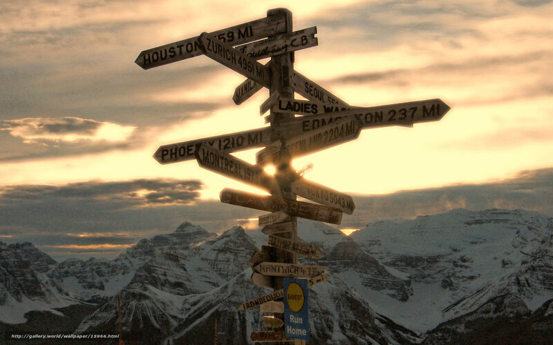signpost with world cities at sunset