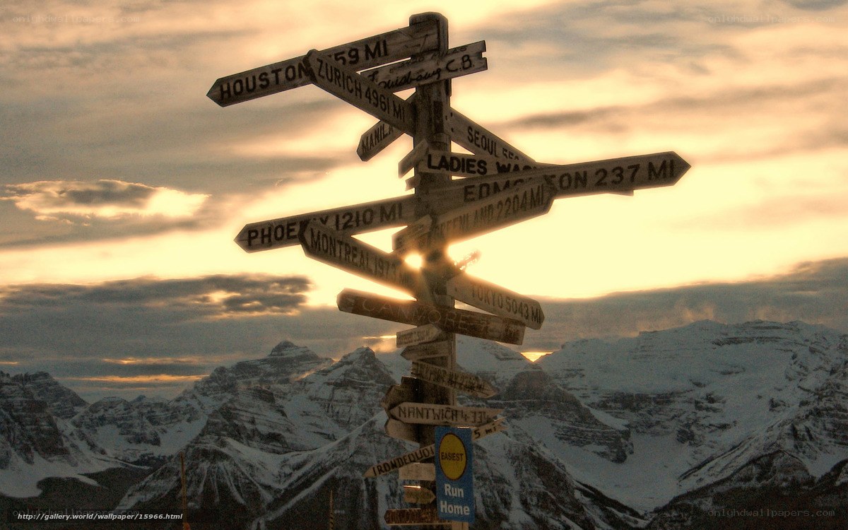 signpost with world cities at sunset