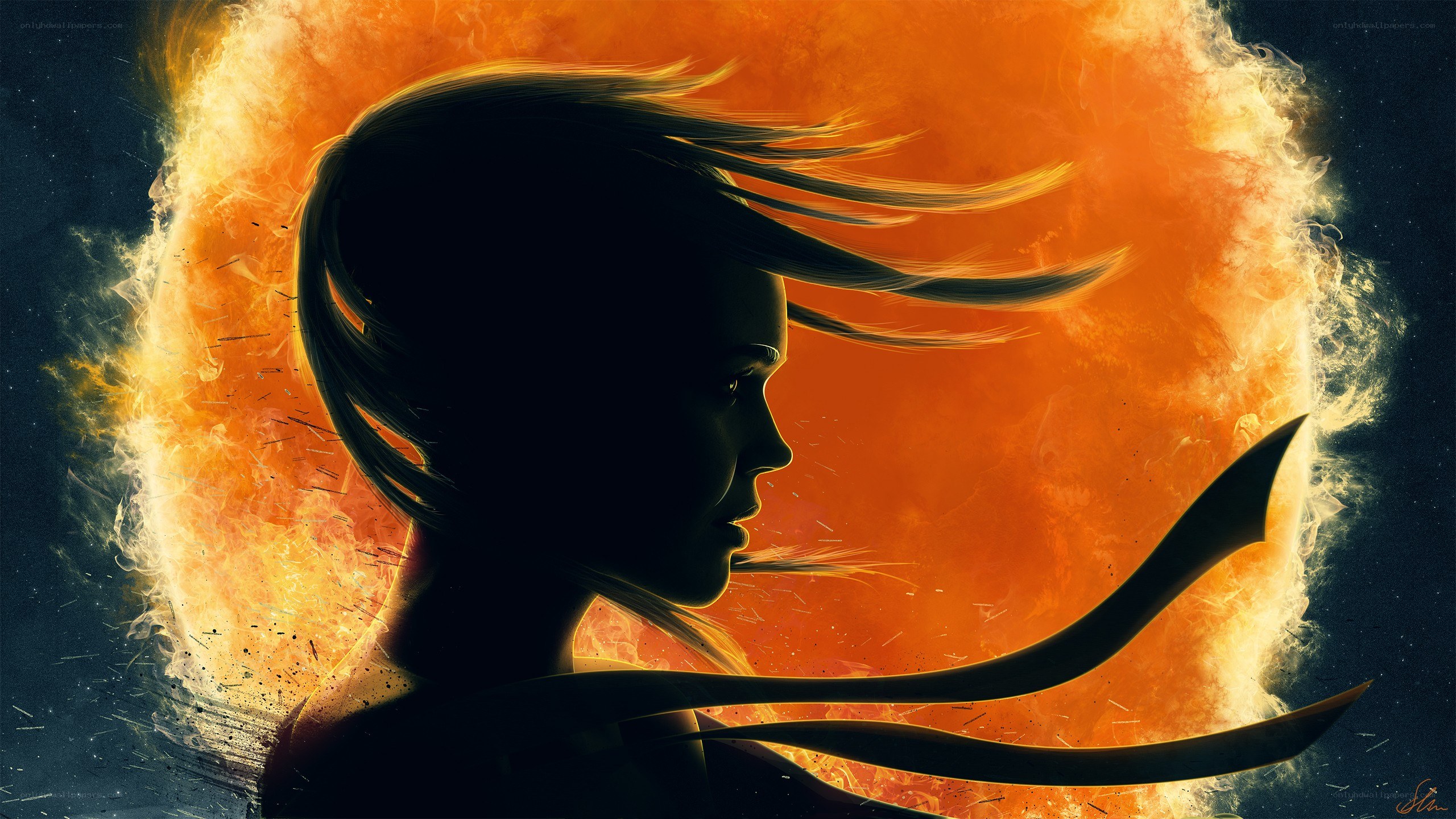 silhouette against fiery backdrop