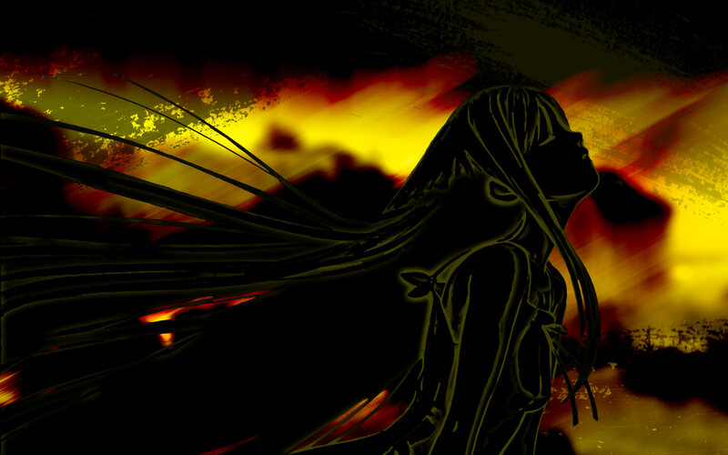 silhouette against fiery sky