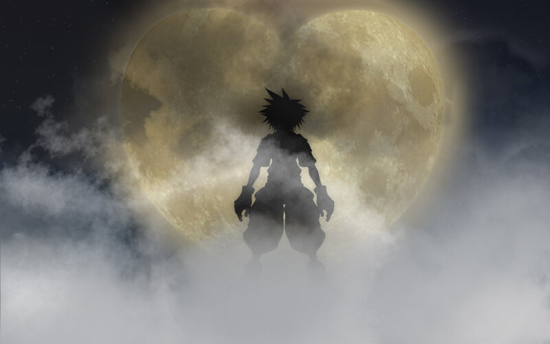 silhouette against heart-shaped moon
