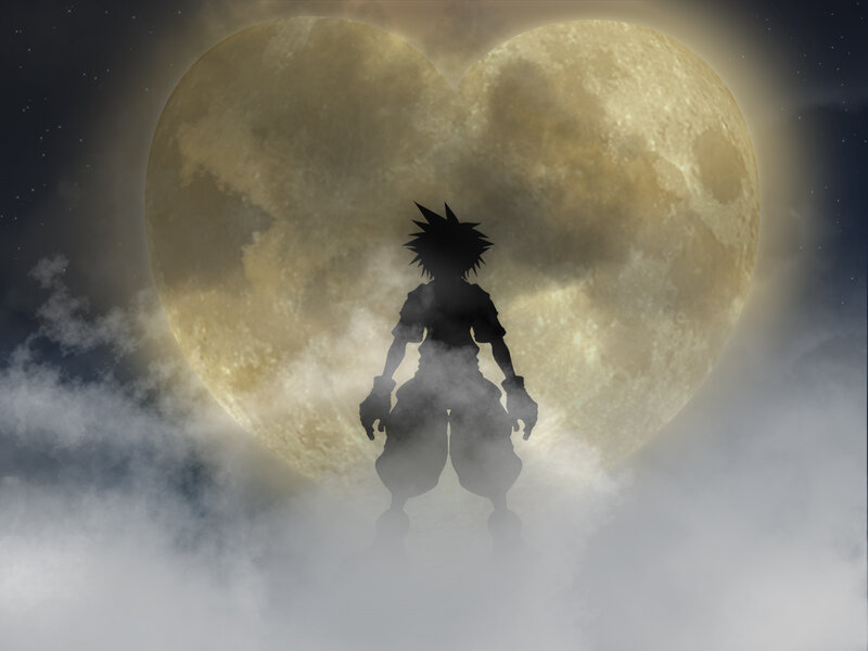 silhouette against heart-shaped moon