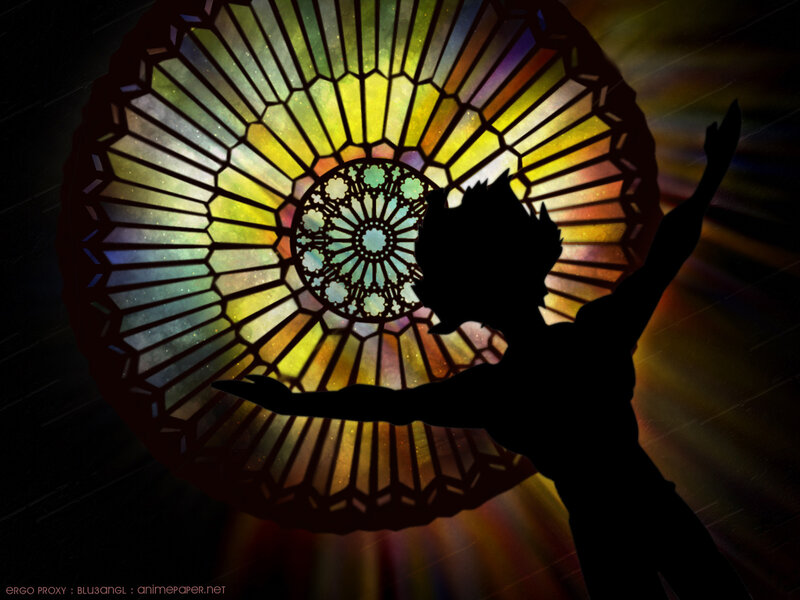silhouette against stained glass