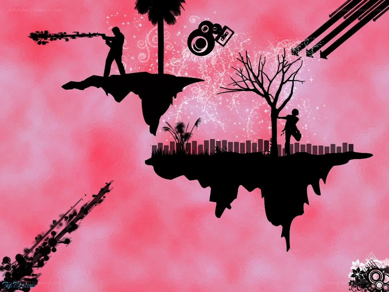 Silhouette art with floating islands