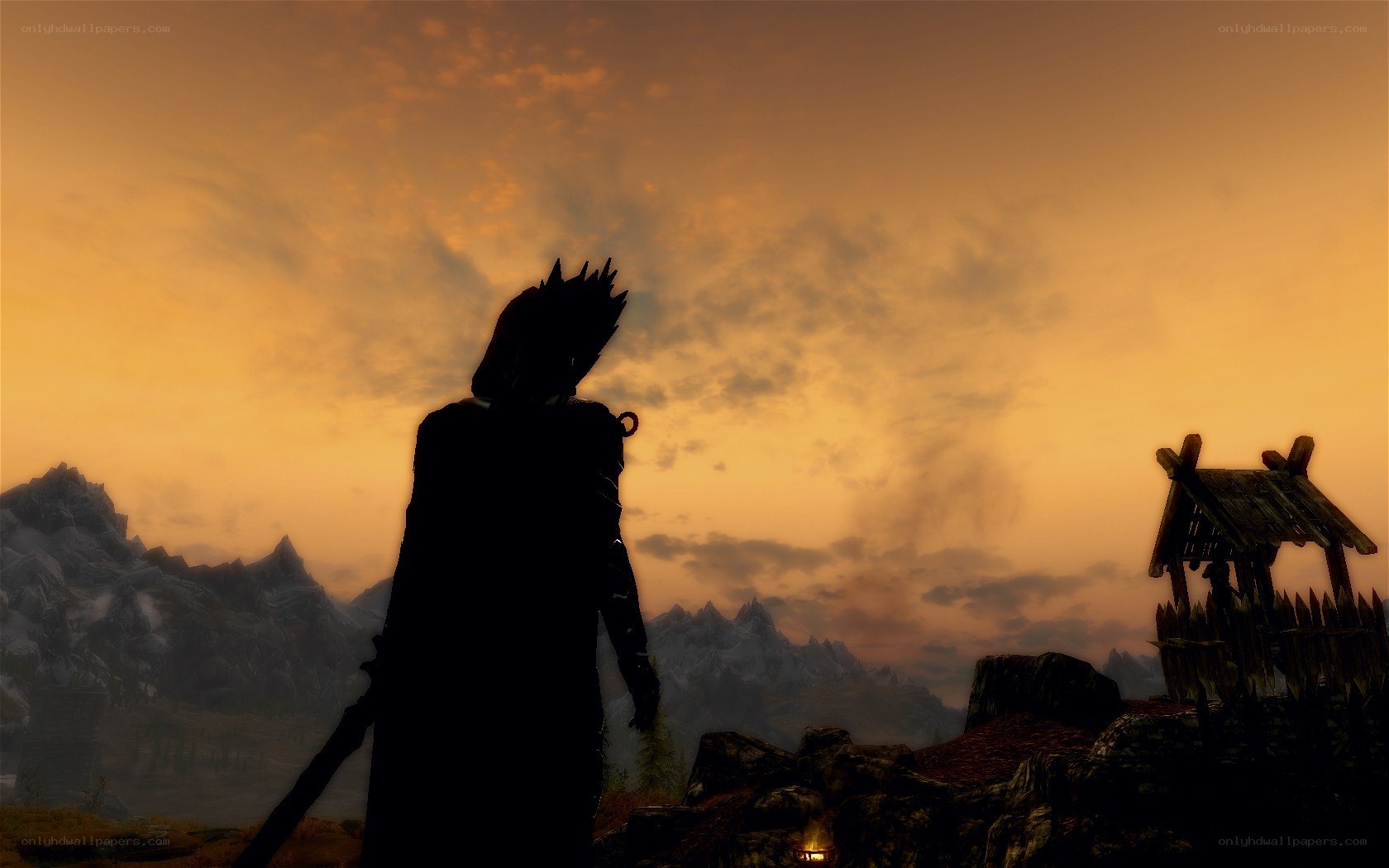 silhouette at sunset in skyrim