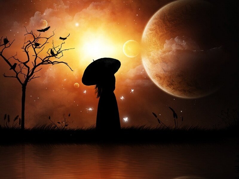 Silhouette at sunset on alien planet