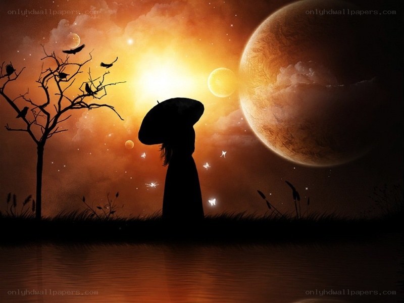 Silhouette at sunset on alien planet