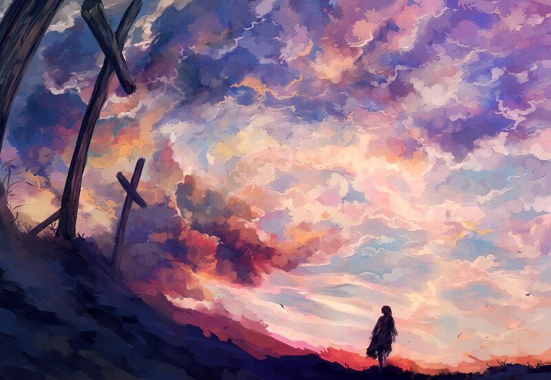 Silhouette at sunset with crosses