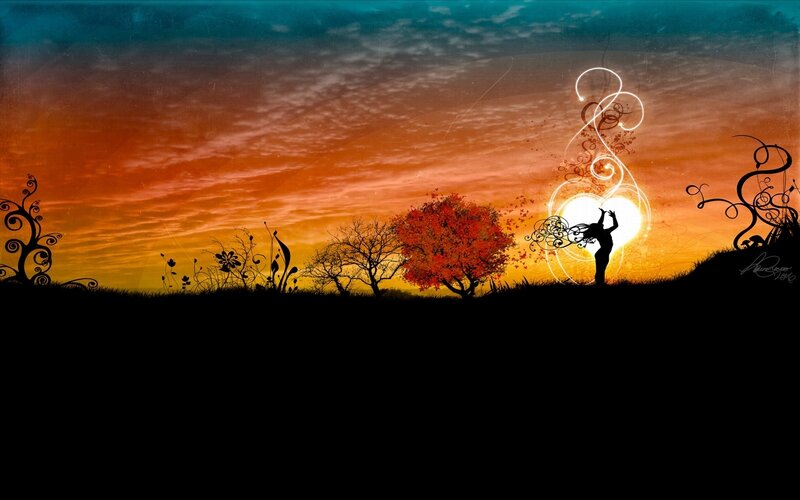 Silhouette at sunset with glowing swirls
