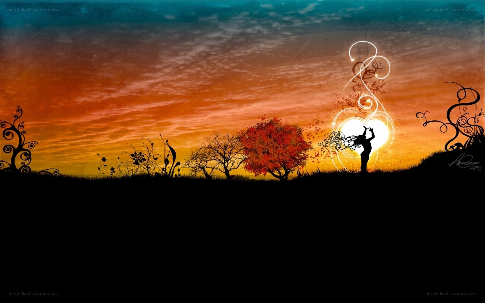 Silhouette at sunset with glowing swirls