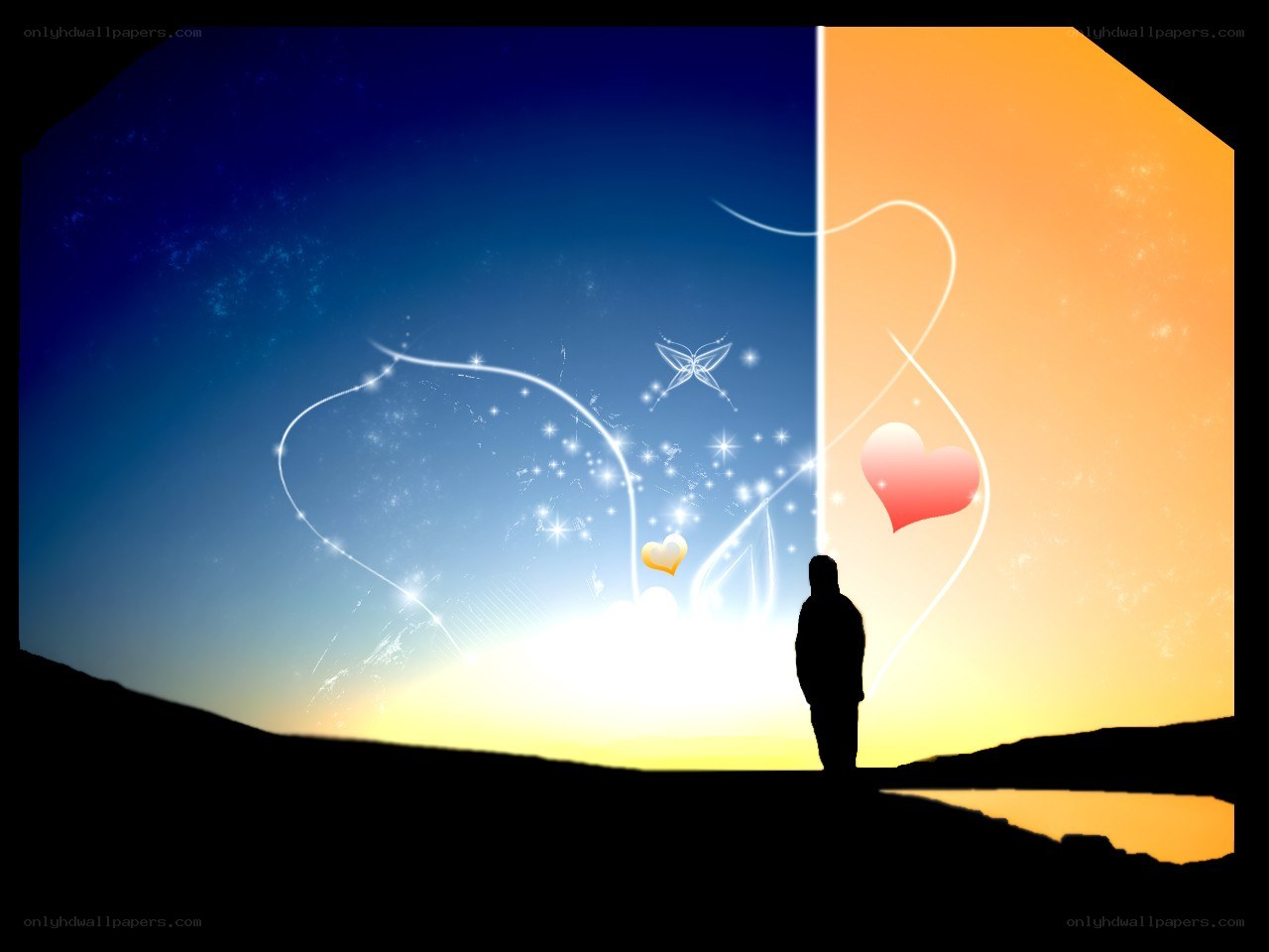 silhouette at sunset with hearts