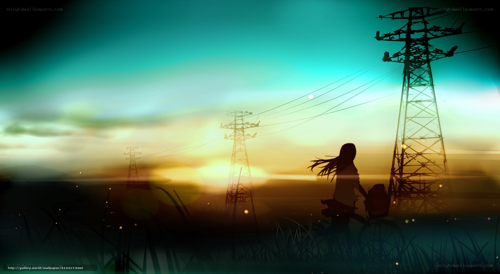 Silhouette at sunset with power lines
