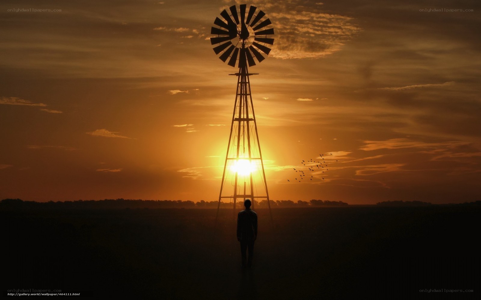 Silhouette at sunset with windmill