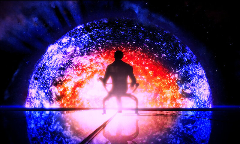 silhouette before a cosmic sphere