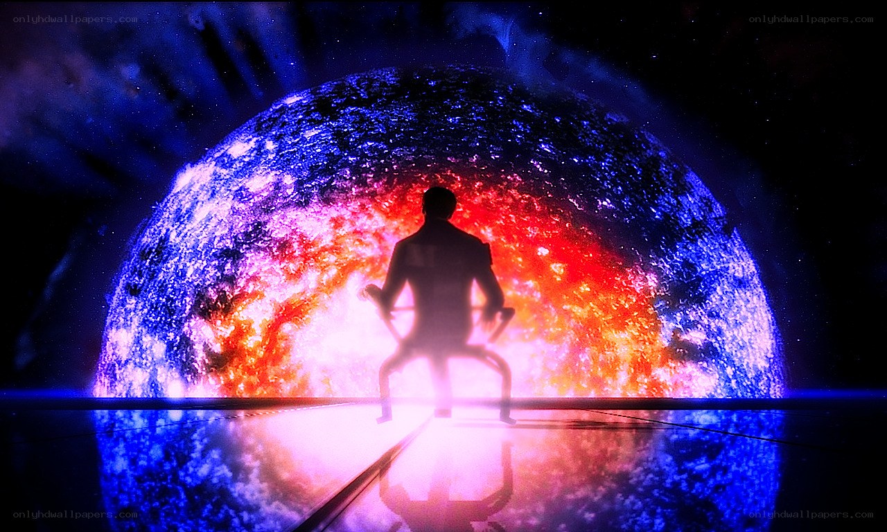 silhouette before a cosmic sphere
