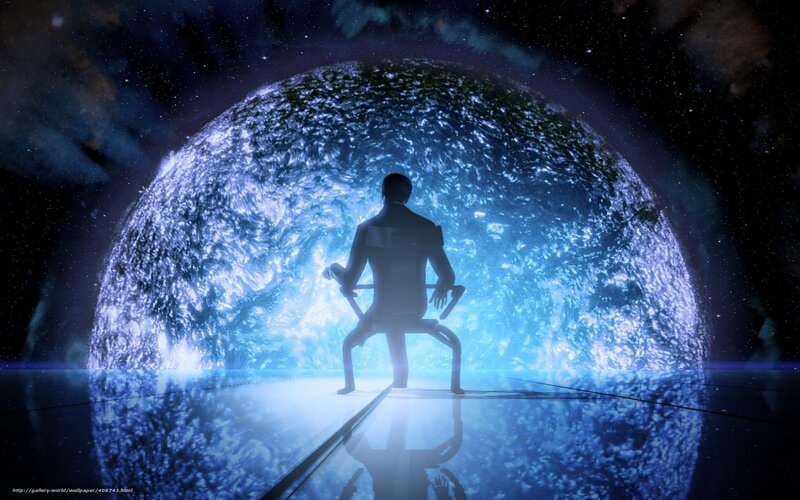 silhouette before glowing sphere