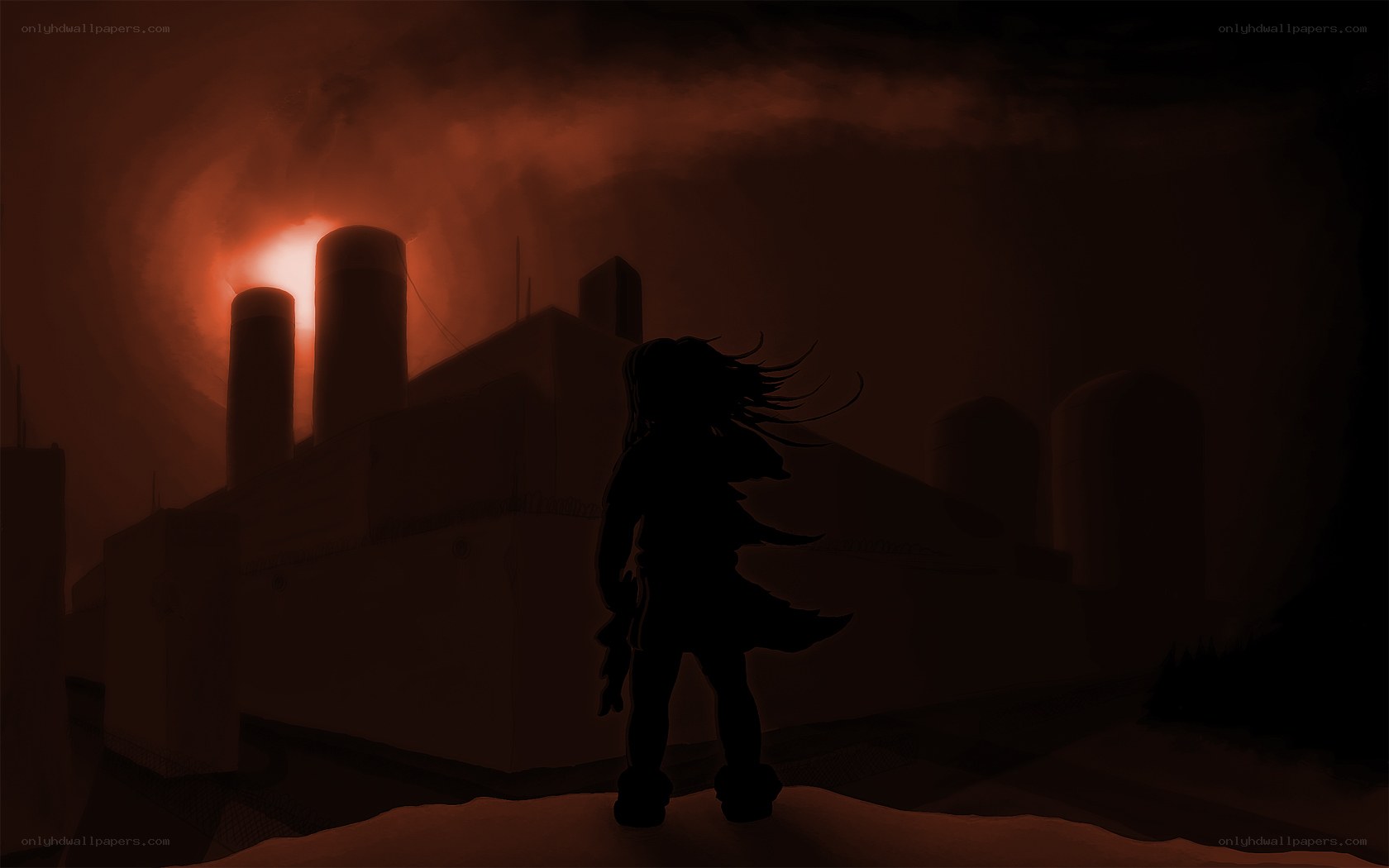 silhouette before industrial ruin