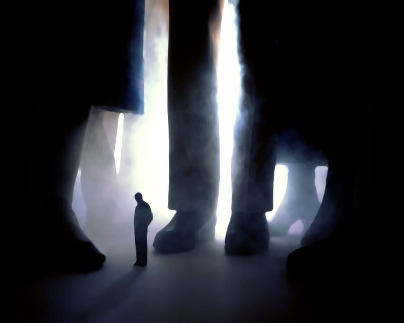 Silhouette between giant legs