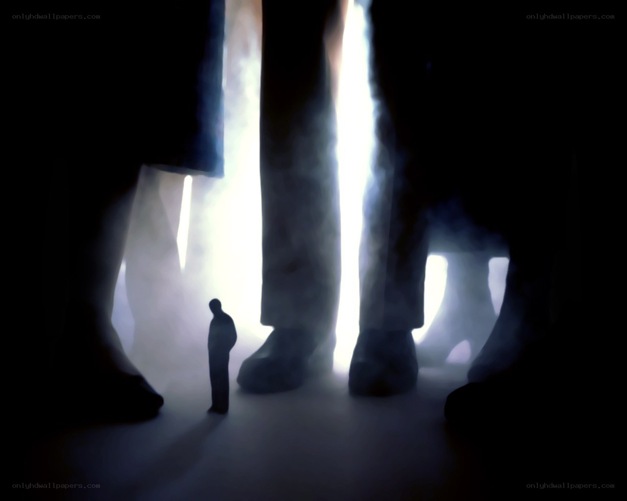 Silhouette between giant legs